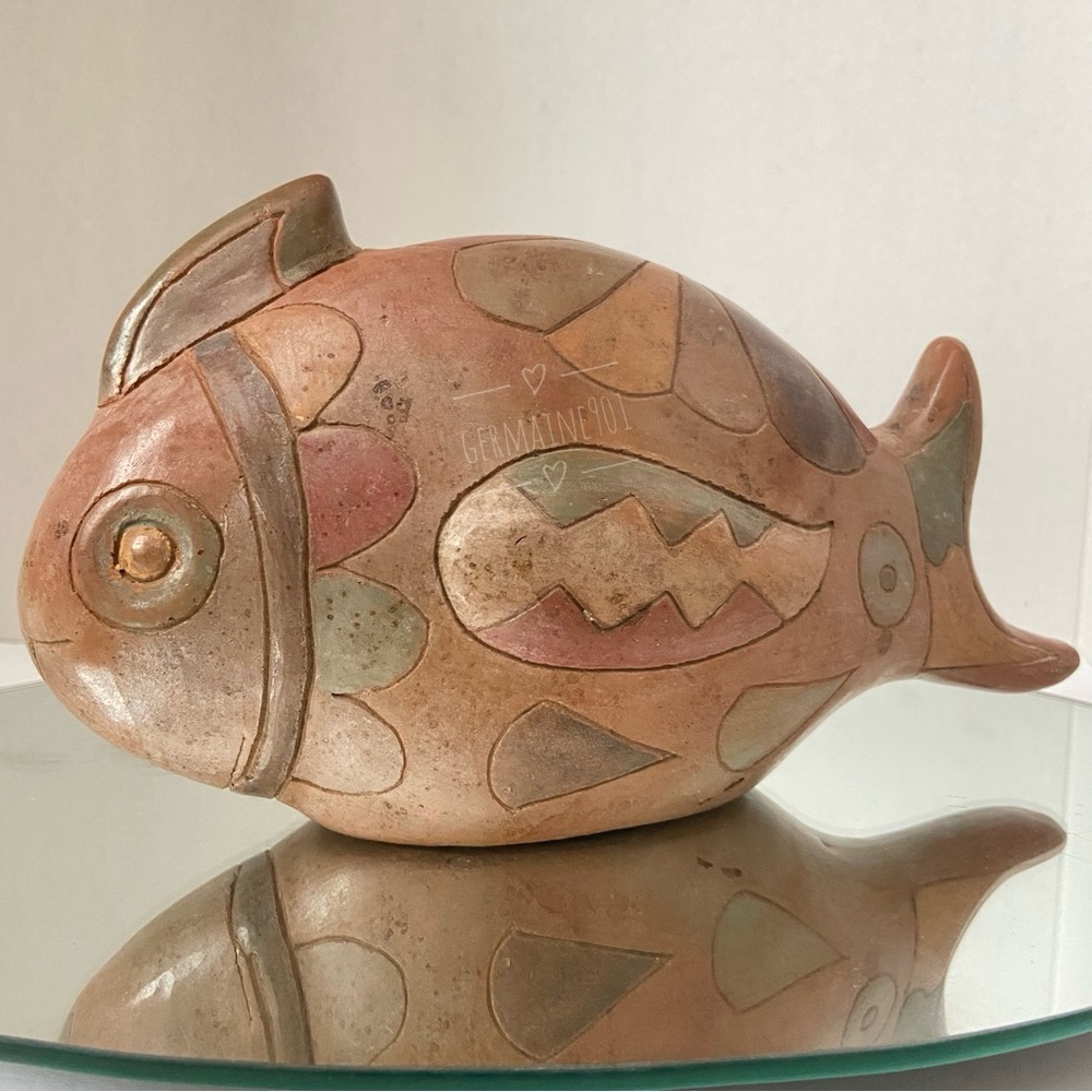 Vintage 70s Mexican Multicolored Burnished Clay Pottery Fish Sculpture
